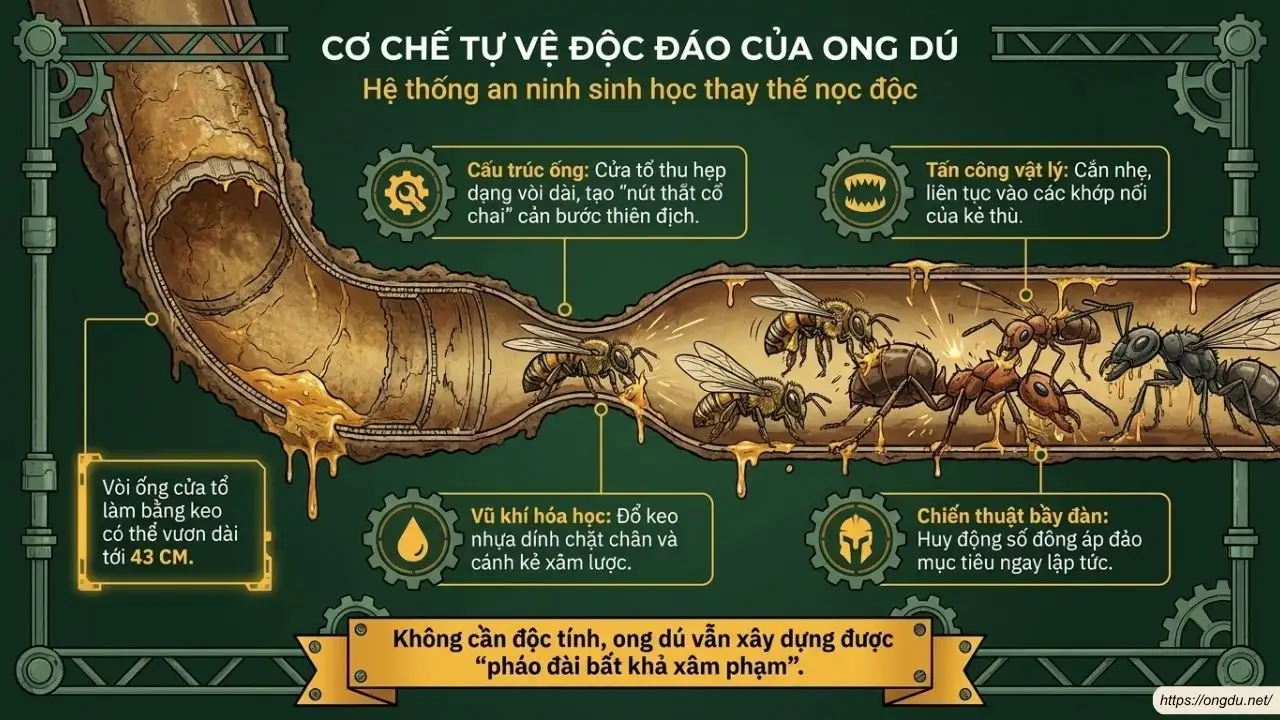 Đường hầm bảo vệ tại cửa tổ ong dú giúp kiểm soát và bảo vệ đàn ong