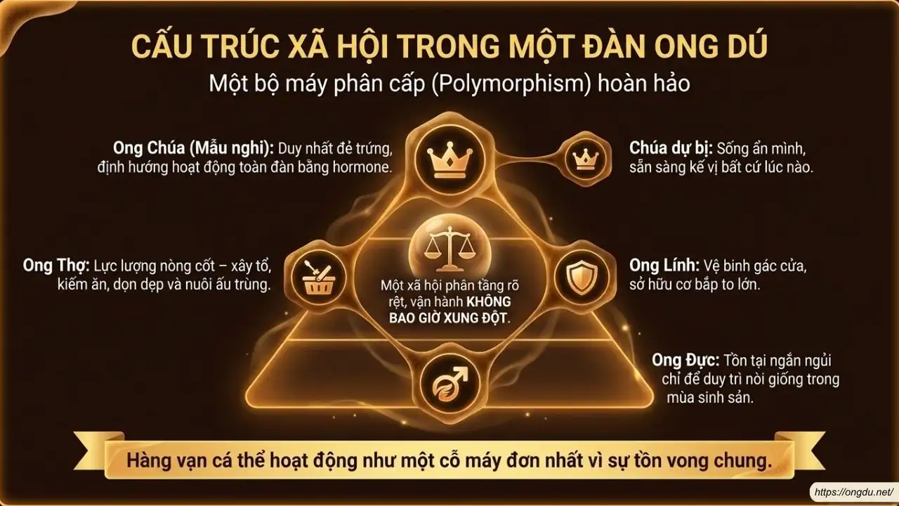 Cấu trúc xã hội của đàn ong dú gồm ong chúa, ong thợ và ong đực