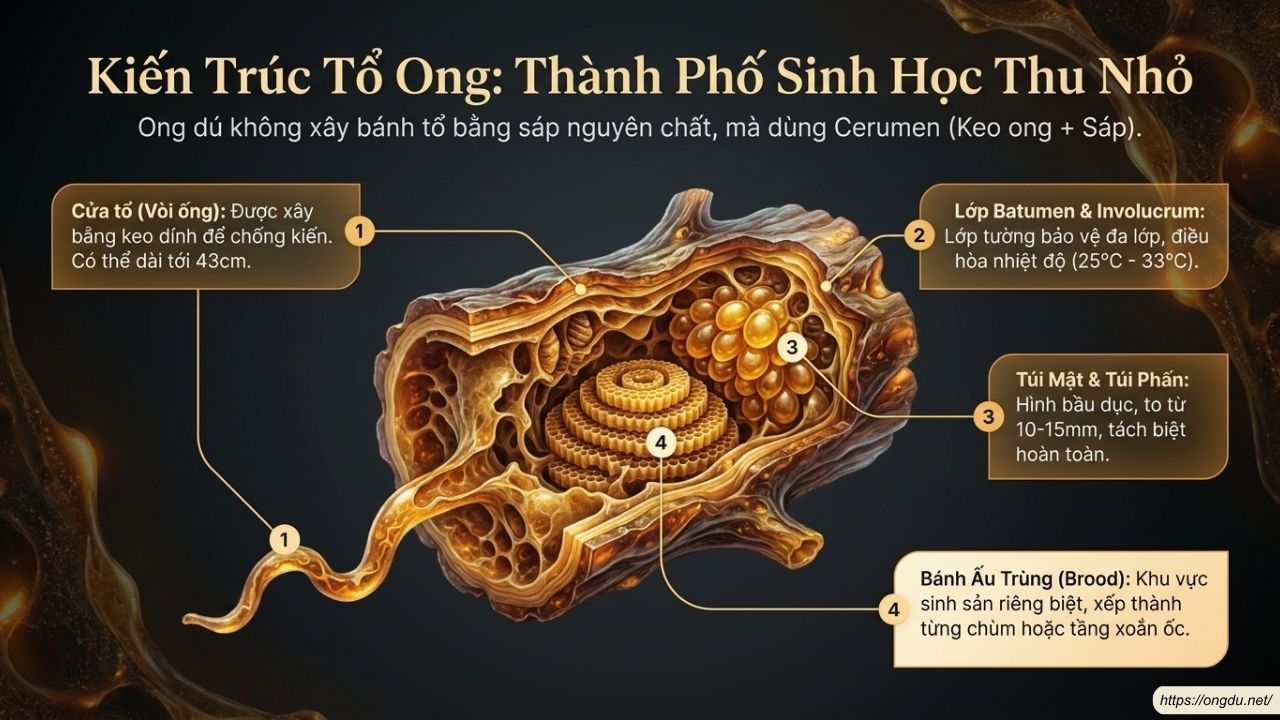 Cấu tạo tổ ong dú gồm khu vực ấu trùng, mật ong, phấn hoa và lối ra vào