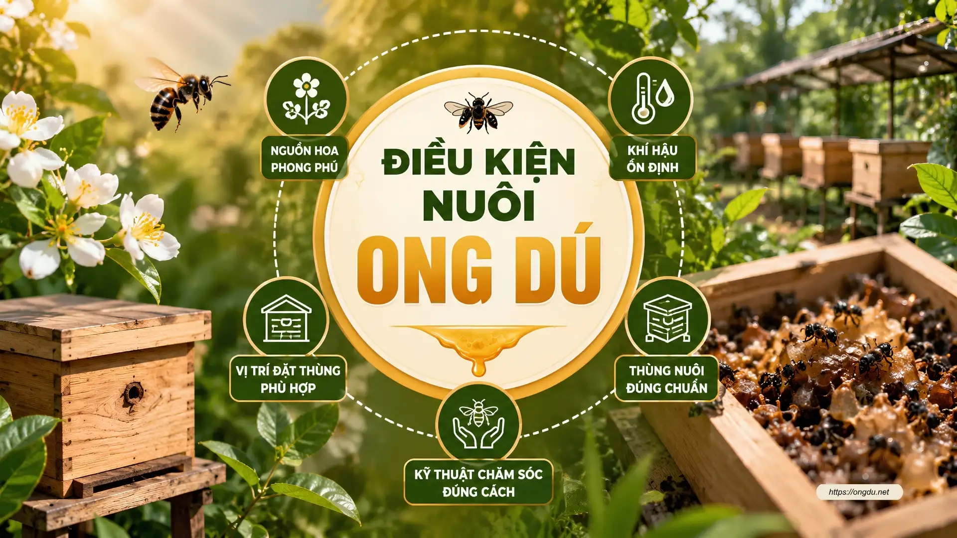Điều kiện nuôi ong dú gồm môi trường sống, nguồn hoa, nhiệt độ, độ ẩm và vị trí đặt thùng ong giúp đàn ong phát triển khỏe mạnh.