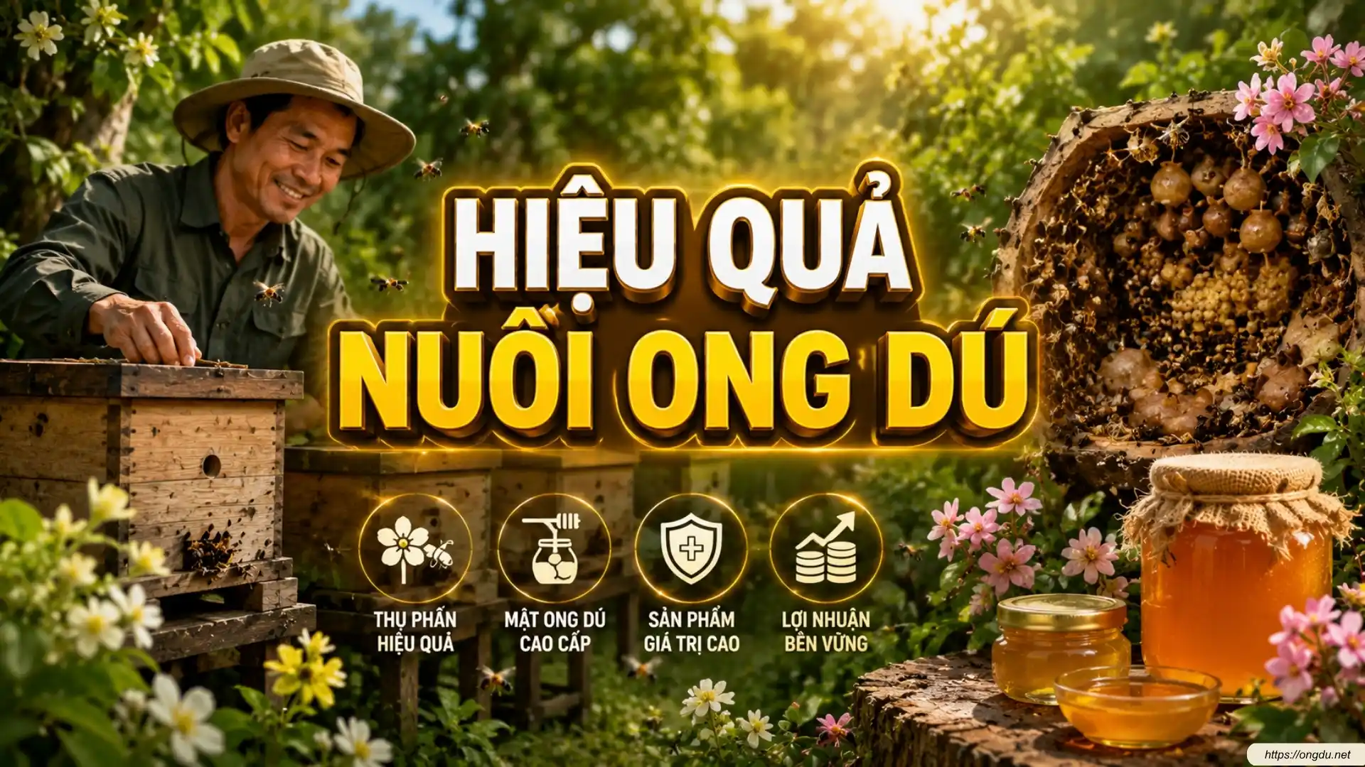 Hiệu quả nuôi ong dú với nguồn thu từ mật ong, nhân đàn, thụ phấn cây trồng và phát triển nông nghiệp xanh bền vững.