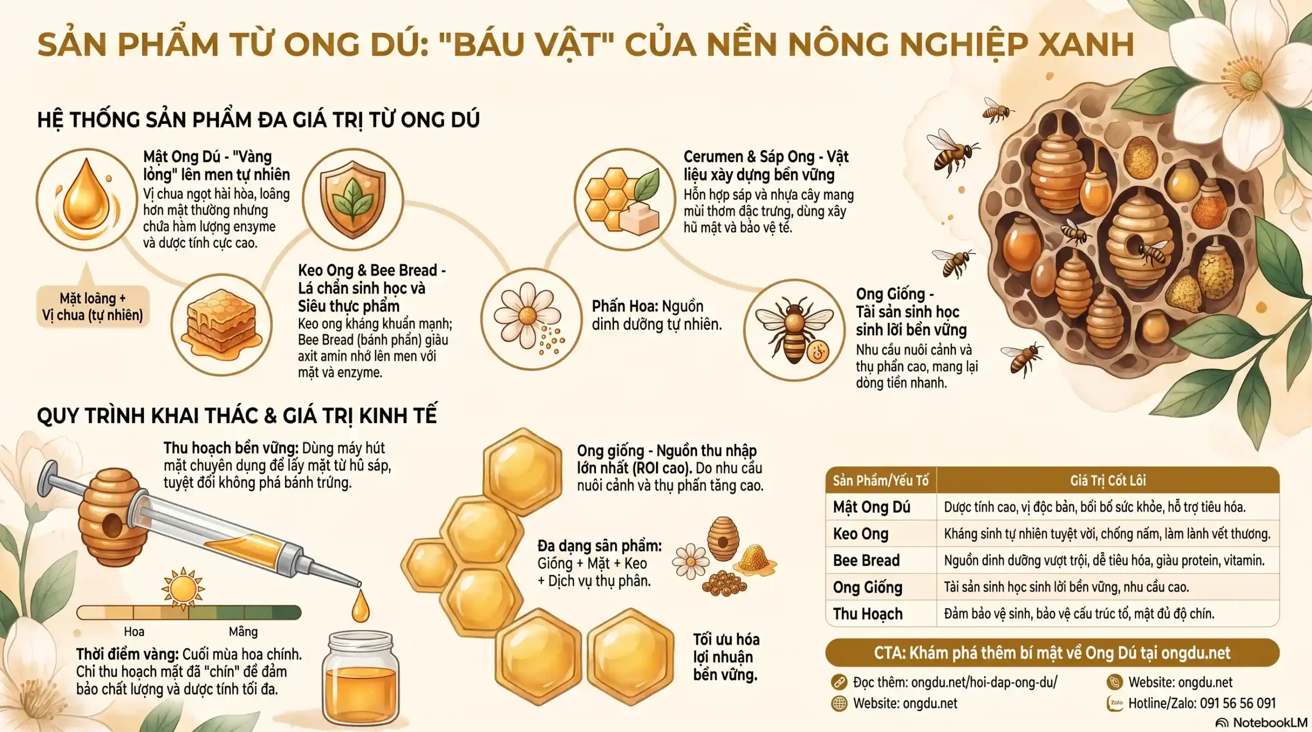 Các sản phẩm từ Ong Dú gồm mật ong dú, keo ong, phấn hoa (bee bread), sáp ong và nhiều sản phẩm giá trị khác.